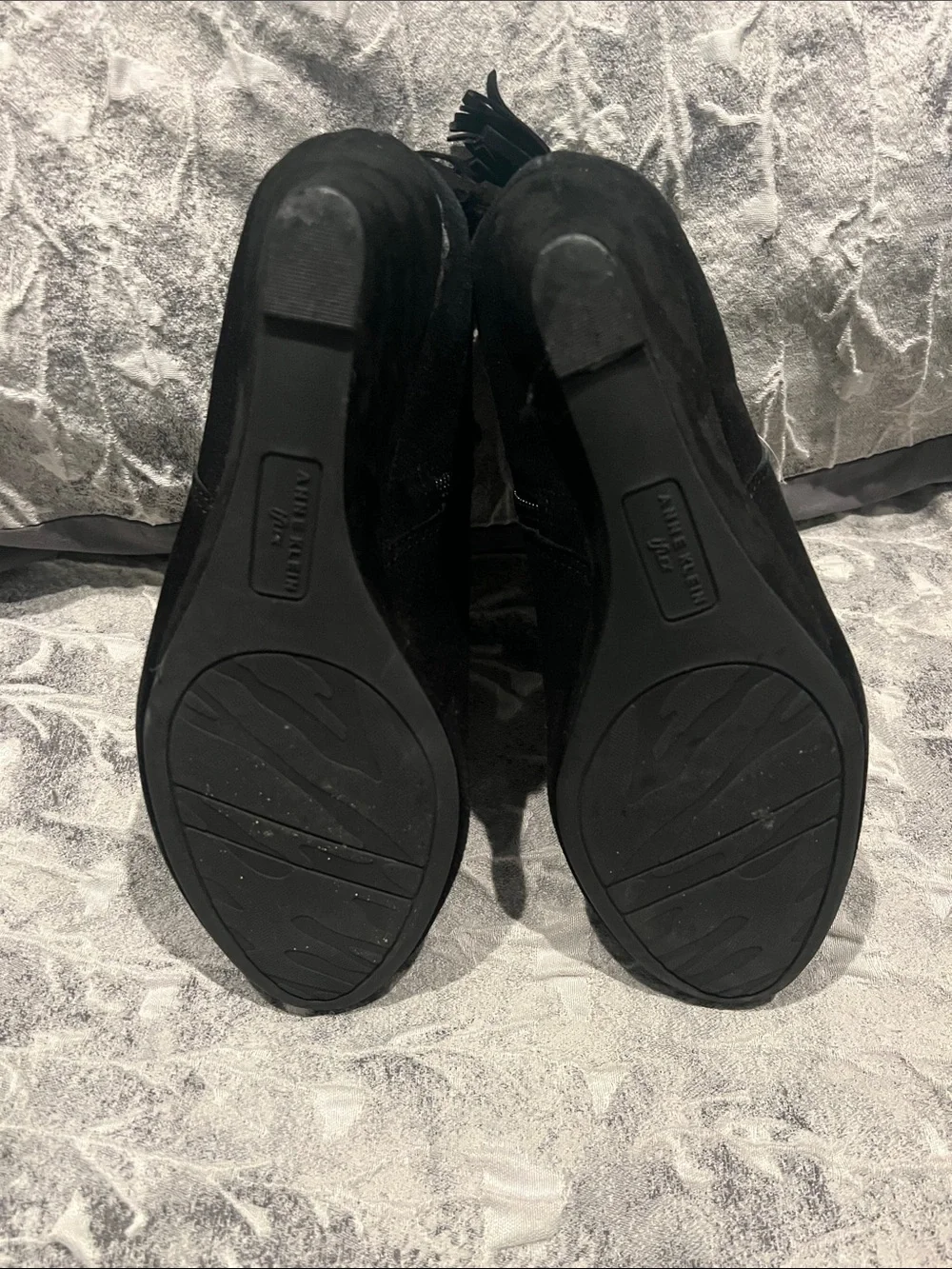 Anne Klein Black Suede Wedge Ankle Booties with Back Tassel, size 9.5